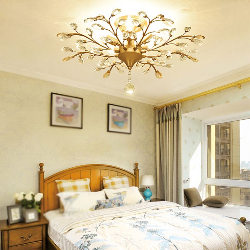 Unique Shape Crystal Flush Light Modern Style Multi Lights Flush Mount Fixture in Brass