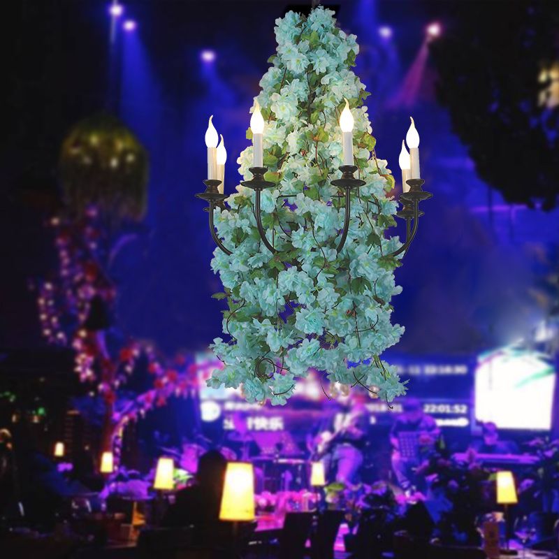 Candle Restaurant Chandelier Lighting Industrial Metal 8 Bulbs Blue LED Ceiling Pendant Light with Flower Decor