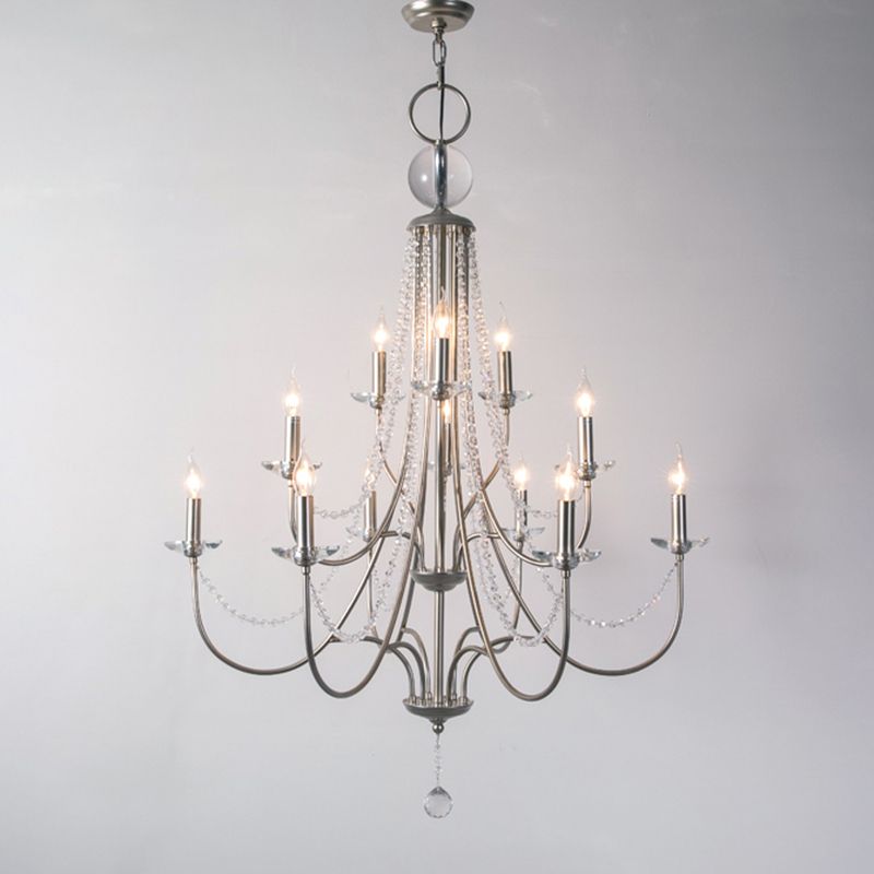 Country Style Candlestick Chandelier Metallic Hanging Light Kit with Crystal Strand