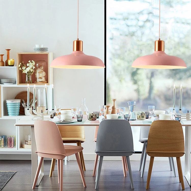 1 Bulb Restaurant Suspension Lamp Macaron Style Pendant Light Fixture with Bowl Metal Shade