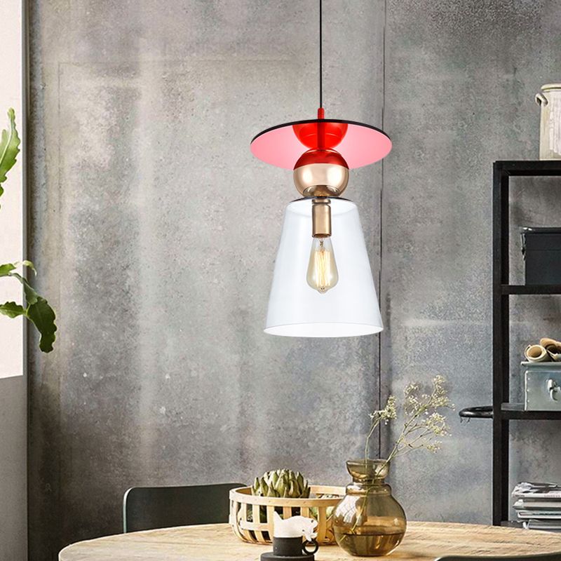 Kit de lumière suspendue en verre en verre transparent 1 tête lampe à suspension de plafond moderne avec top à disque rouge