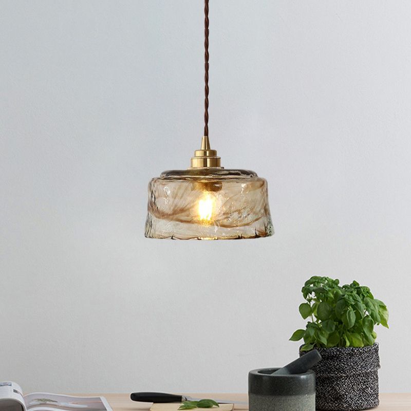 Bowl Drop Pendant Lampe moderne Amber Glass onduled 1 Light Gold Plafing plafonnier