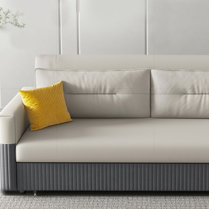 Grey and White Convertible Leather Sofa Square Arm Sofa Bed with Wooden Frame