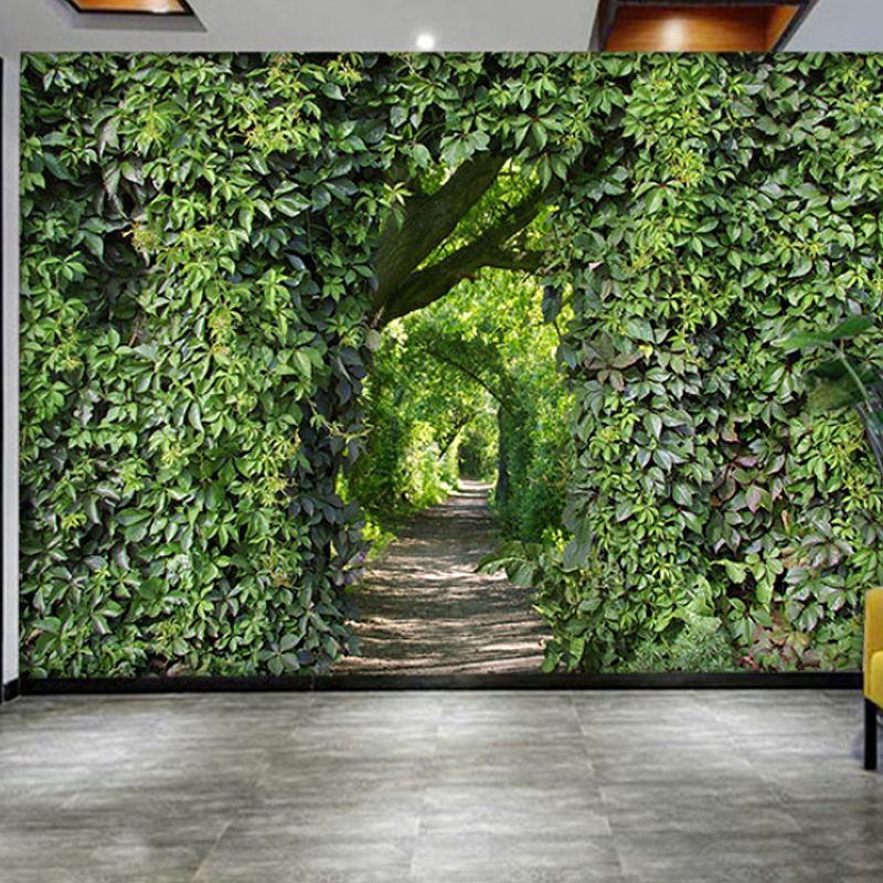 Decorative Vintage Mural Wallpaper for Accent Wall with Plant and Path Design in Green