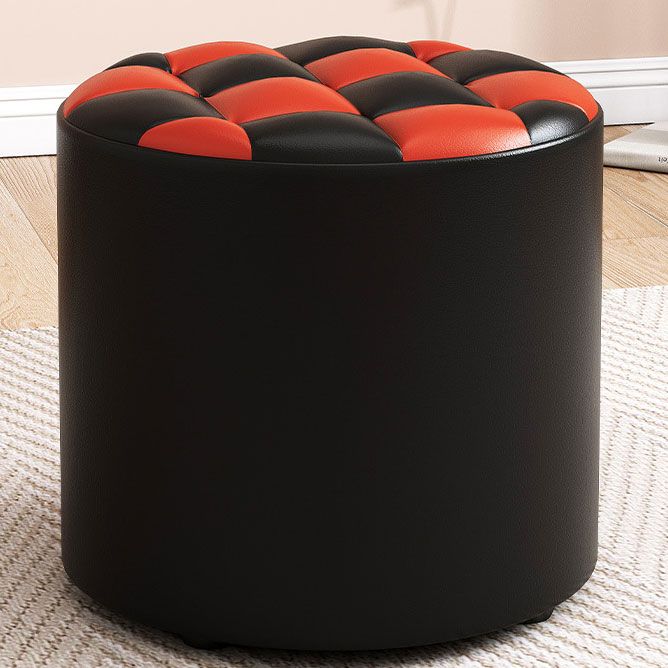 Mid-Century Modern Pouf Ottoman Faux Leather Tufted Square Pattern Round Ottoman