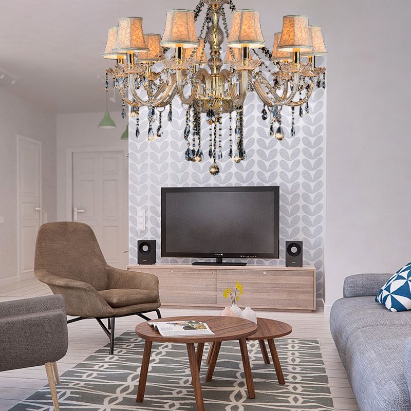 Armed Clear K9 Crystal Pendant Chandelier Rustic 6/8/10 Heads Beige Hanging Ceiling Light with Flared Fabric Shade