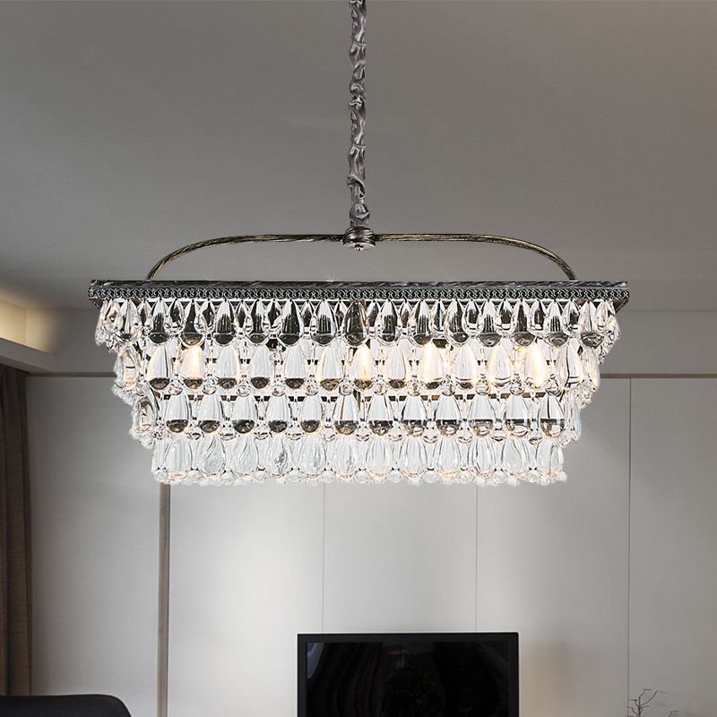Silver Rectangle Hanging Ceiling Light Modernism Teardrop Crystal 4/6 Heads Living Room Island Light