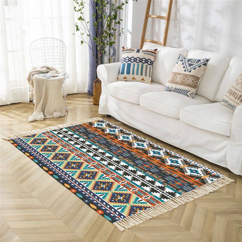 Beige Bohemian Rug Cotton Blended Graphic Rug Washable Rug for Bedroom