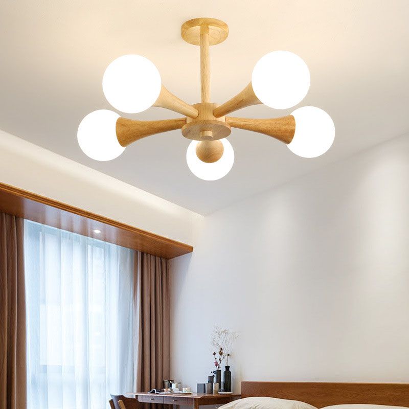 Modern Ceiling Lamp Simplicity Wooden Bedroom Chandelier with White Glass Shade