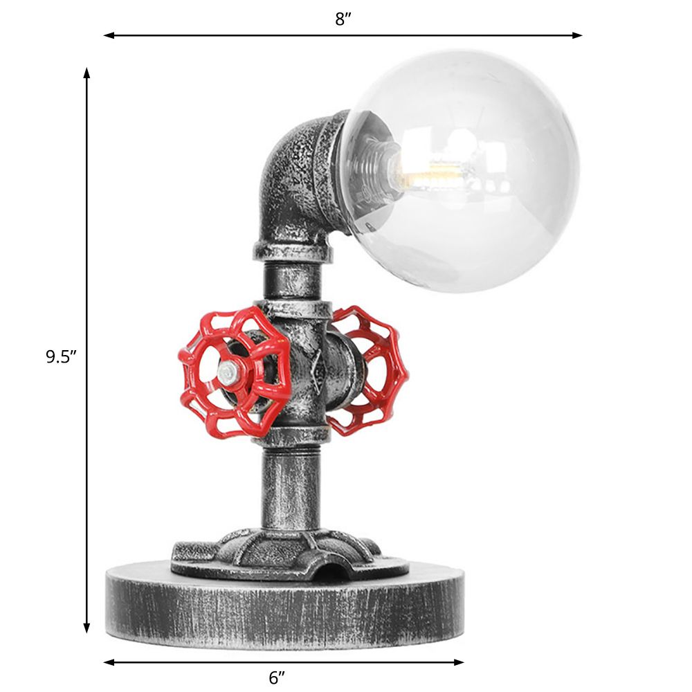 Lampada da lettura a luce singola in argento antico/bronzo. Illuminazione industriale con paralume globo in vetro trasparente/ambrato