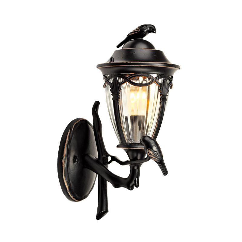 Clear Glass Urn Wall Sconce Countryside 1 Light Patio Wall Lighting in Black with Bird Decor