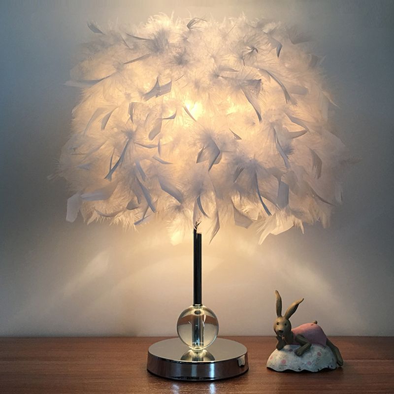 Cylinder Feather Table Lamp Contemporary 1 Bulb Red/Pink/Burgundy Night Stand Light with Crystal Ball