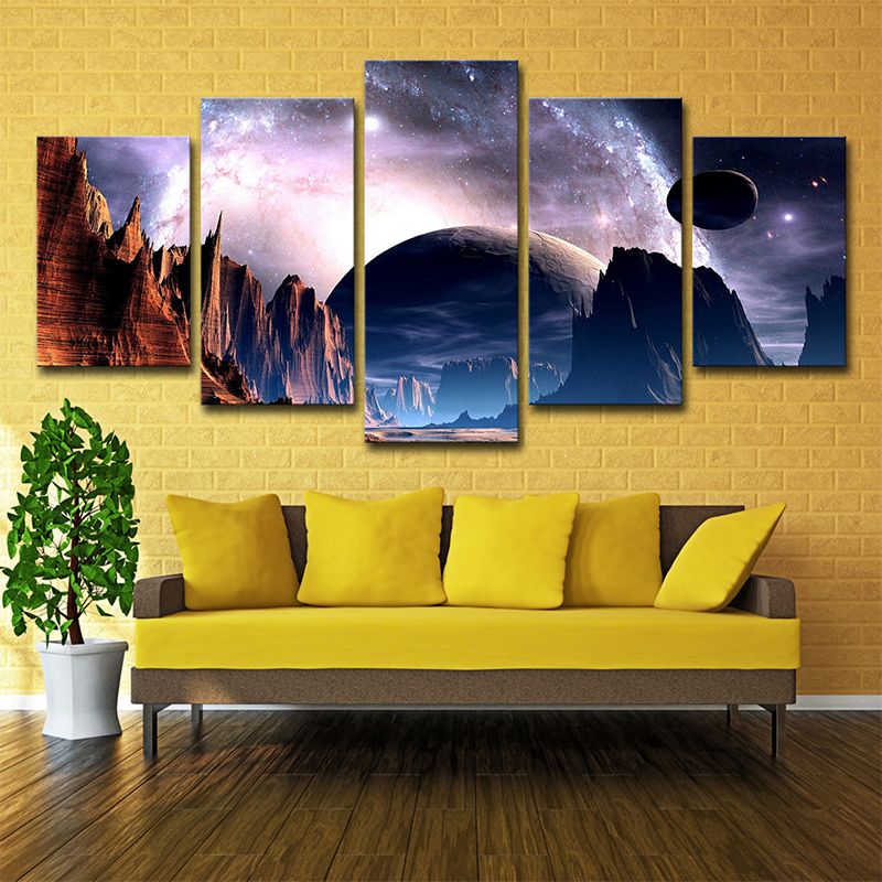 Planet and Mountain Landscape Canvas Purple Sci-Fi Wall Art for House Interior