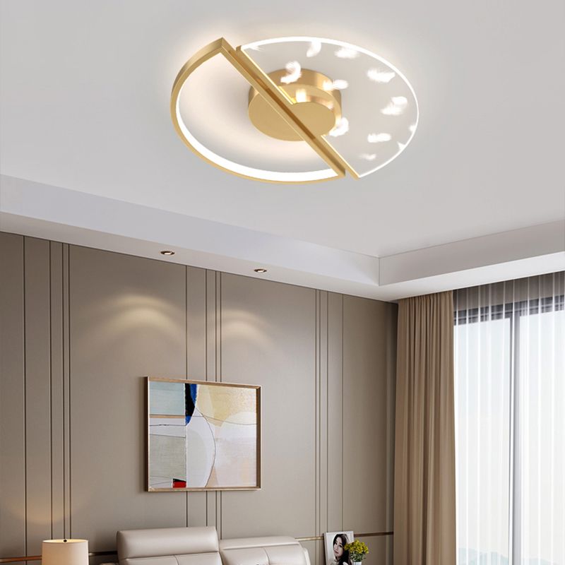 Modern Luxury LED Feather Ceiling Light Wrought Iron Circular Flush Mount with Acrylic Shade