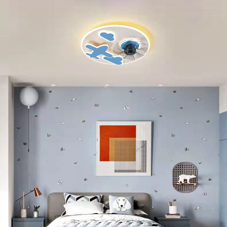Round Kids Bedroom Ceiling Fan Lamp Metal Cartoon Style LED Semi Flush Light