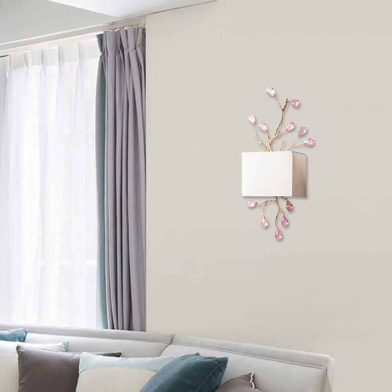 White Fabric Squared Wall Mount Lamp Modernist 2 Lights Wall Sconce with Pink Crystal Accent