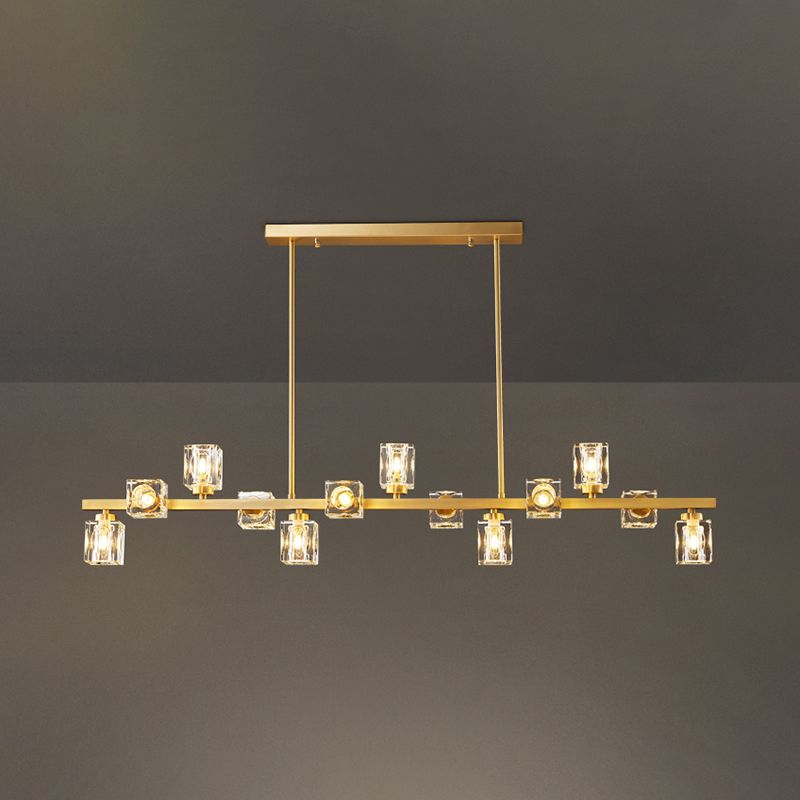 Contemporary Island Light Fixture Crystal Cube Island Lights in Gold for Kitchen