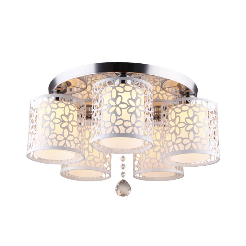 Eisen-Hohlzylinder Deckenbündige Moderne 5-Kopf-Weiße Flush-Halterung mit Creme-Glas-Schatten innen