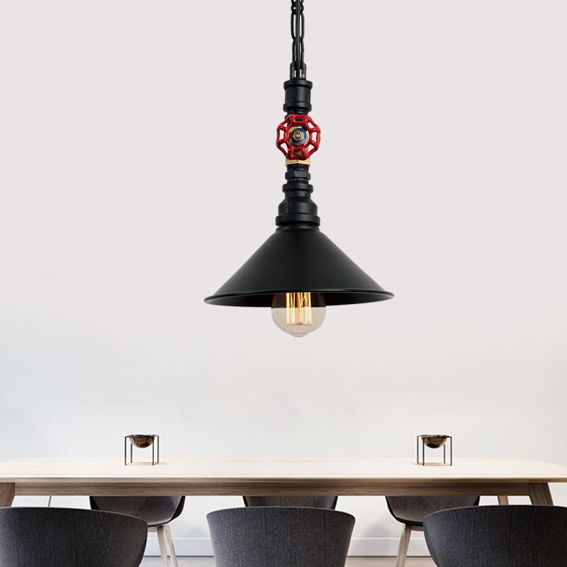 Black/Bronze 1 Light Hanging Lamp Industrial Metal Water Pipe and Valve Suspension Pendant with Cone Shade