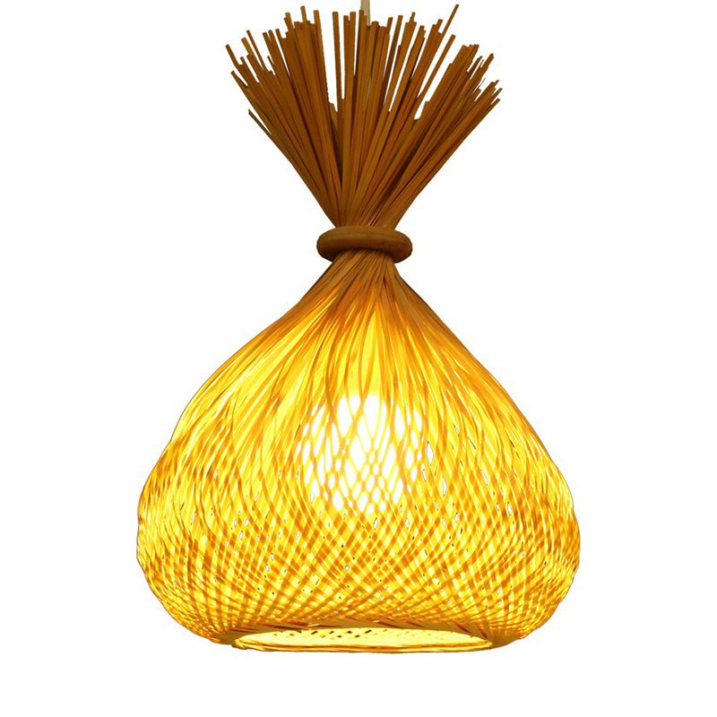 Onion Shaped Dining Room Pendant Bamboo Single-Bulb Asian Hanging Light in Beige