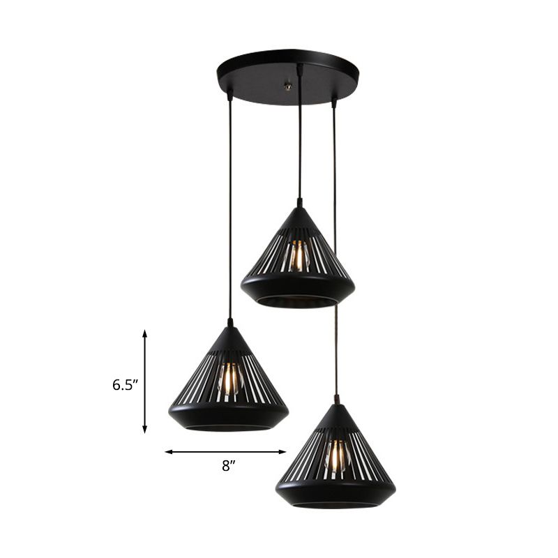 3-Head Multi Hanging Light Retro Hollowed Out Diamond Iron Ceiling Pendant Light with Round/Linear Canopy in Black