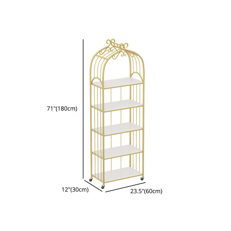 Gold Vertical Bookshelf Iron Frame Solid Wood Shelf Bookcase with Caster Wheels