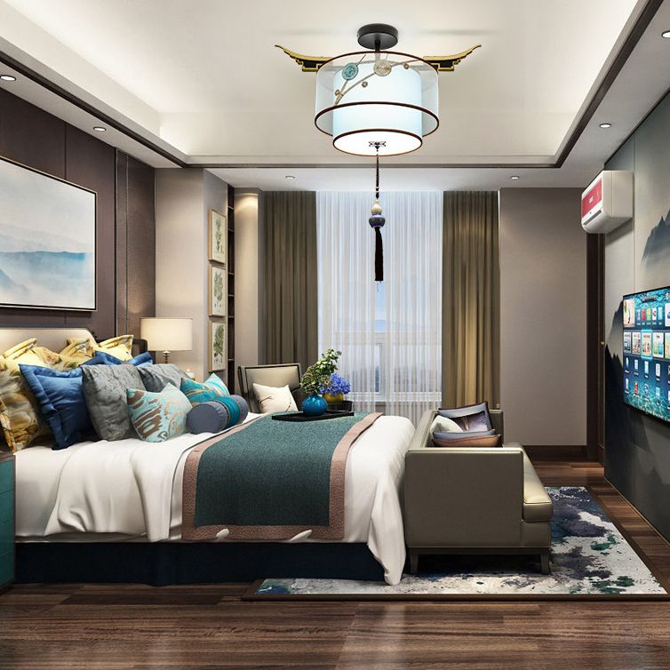 Vintage zylindrische Halbmontage -Beleuchtungsgewebe in der Nähe des Deckenlichts in Himmelblau mit Quastenknoten