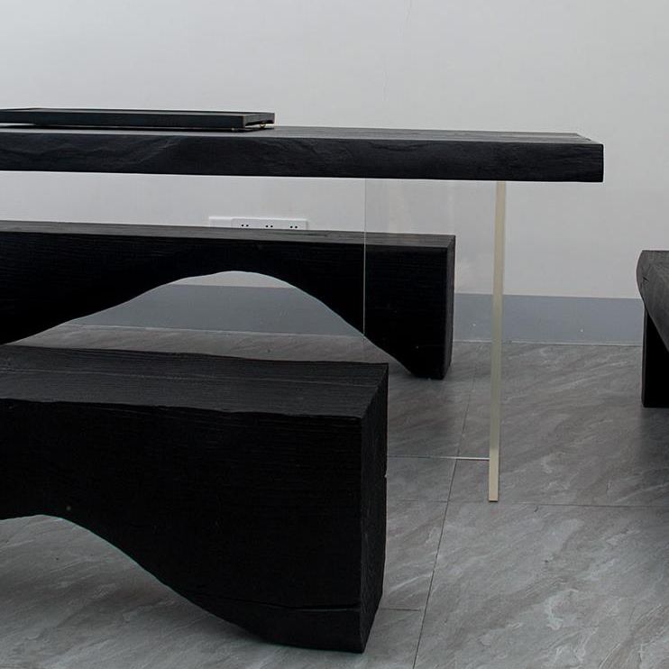 Modern Rectangle Dining Table Black Pine Solid Wood Top Dining Site Table