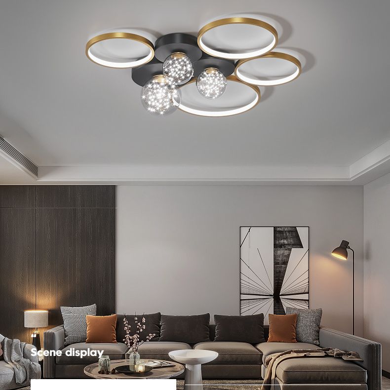 Círculos de estilo de simplicidad contemporánea Lámpara de techo LED Camas de luz LED creativa Bola de vidrio transparente Luz de montaje de montaje para sala de estar para sala de estar