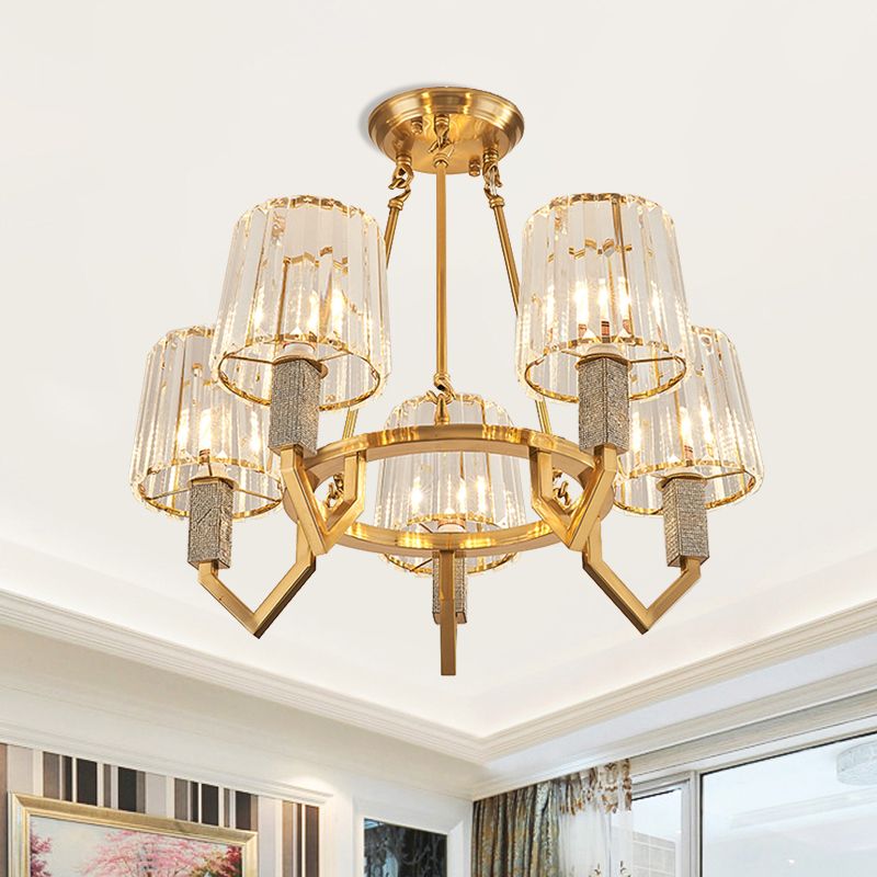 6 Heads Crooked Arm Semi Flush Modern Gold Clear Crystal Tapered Shade Ceiling Light