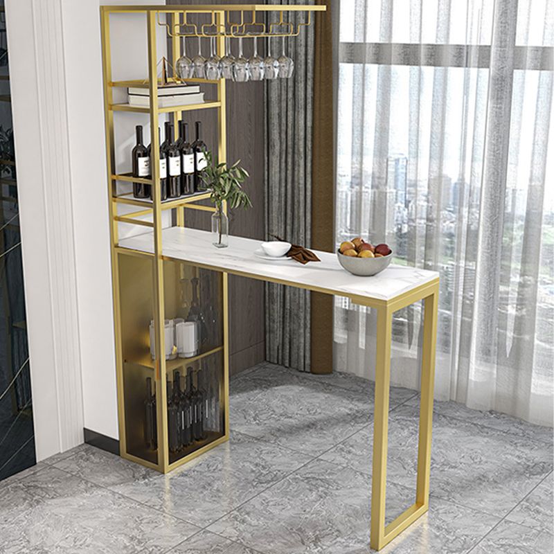 Double Pedestal Pub Table Rectangle Glam Bar Table with Wine Rack