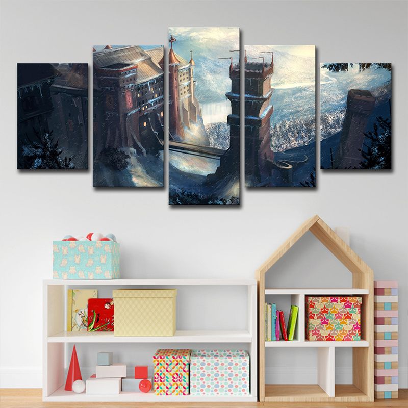 Kids Fantasy Castle Wall Art Blue Multi-Piece Canvas Print for House Interior