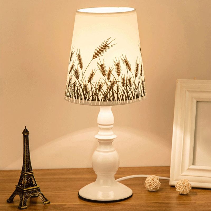 White 1 Head Table Lighting Classic Patterned Fabric Bucket Nightstand Lamp with Baluster Base