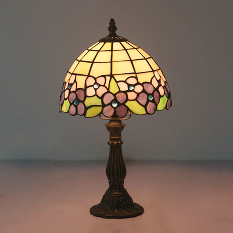 Tiffany Bowl Night Lighting 1 Head Hand Cut Glass Flower Patterned Table Light in Red/Yellow/Purple for Bedside