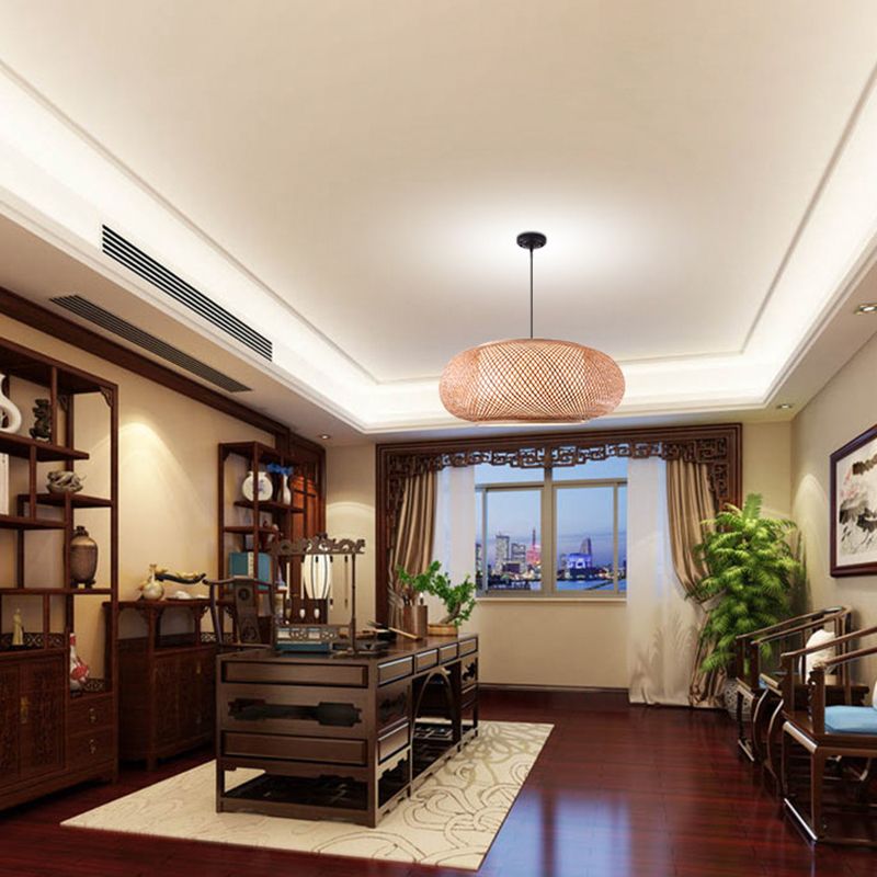 Farmhouse Natural Bamboo Pendant Lighting 1 Light Round Drum Dining Room Hanging Lamp in Beige