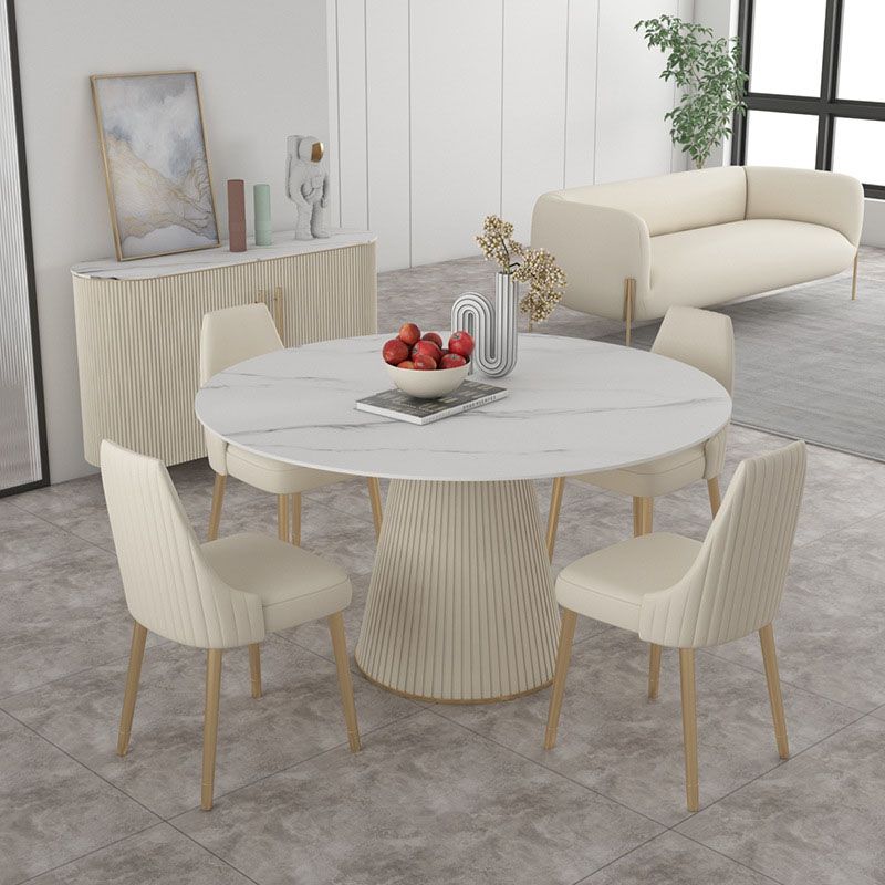 Sintered Stone Top Round Dining Table Modern White Metal Pedestal Table