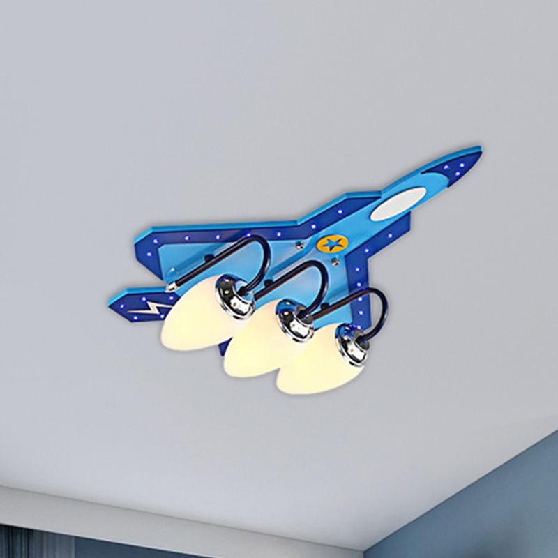 Kid Bedroom Fighter Plane Flush Mount Ceiling Light Metal 4 Bulbs Cartoon Blue Ceiling Light