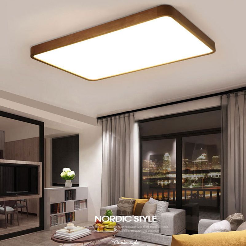 Wooden Rectangular Flush Mount Ceiling Light with White Acrylic Shade for Office Meeting Room