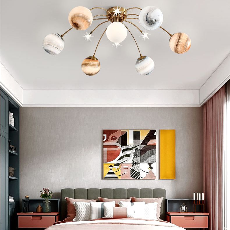 13- Light LED Flush Mount in Modern Unique Style Radial Metal Ceiling Light with Chromatic Planet Glass Shade