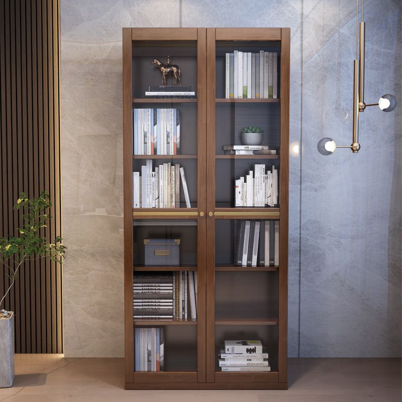 Glass Door Accent Cabinet Rubberwood Cabinet with 2 Doors and 5 Shelves