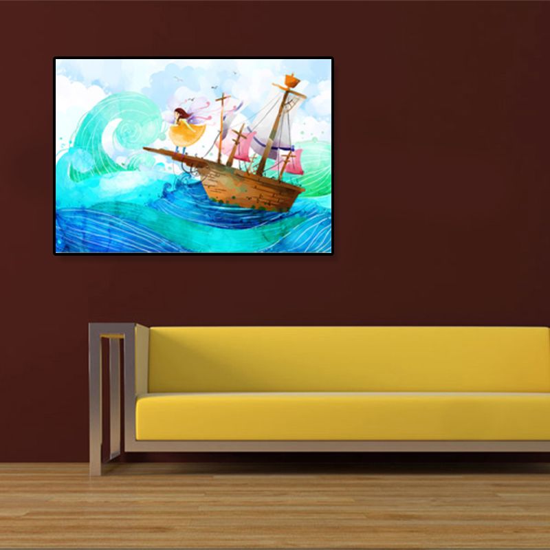 Kids Drawing Sailing Ship Canvas Wall Art Blue Adventure Wall Decor for Girls Room