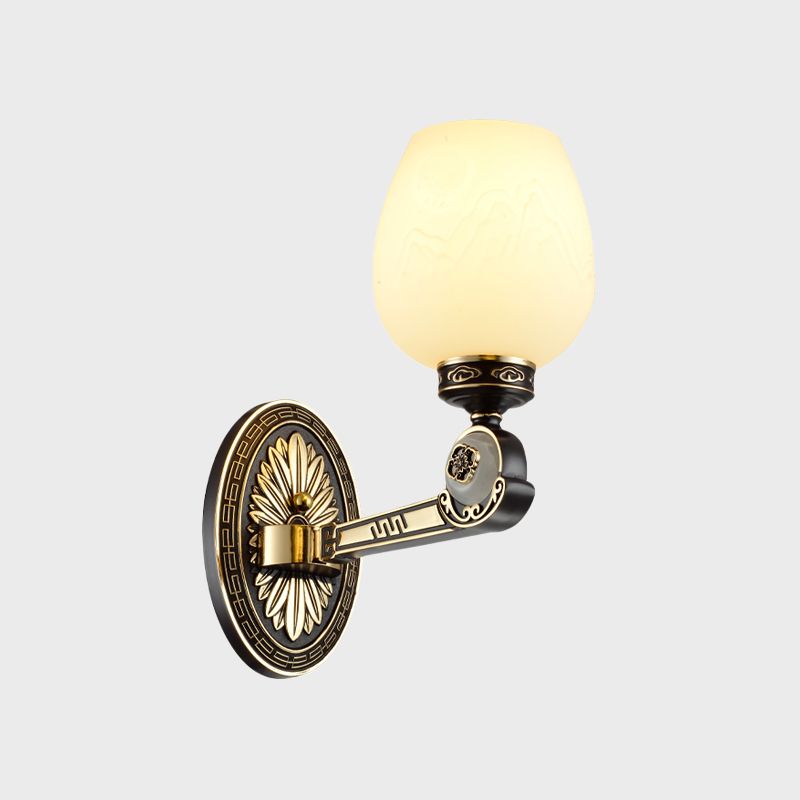 Tallado de vidrio lácteo Diconce ovalado Vintage 1 Ligera de pared de la sala de estar en negro y dorado