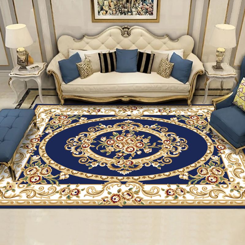 Blue European Style Area Carpet Floral Pattern Polyester Rug Anti-Slip Washable Rug for Home Decor