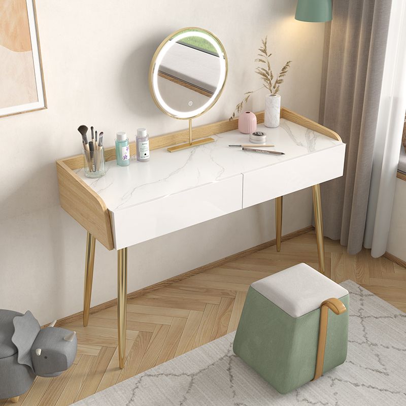 Glam 2-drawer Slate Top Dressing Table 32.67" H Vanity Stool in White