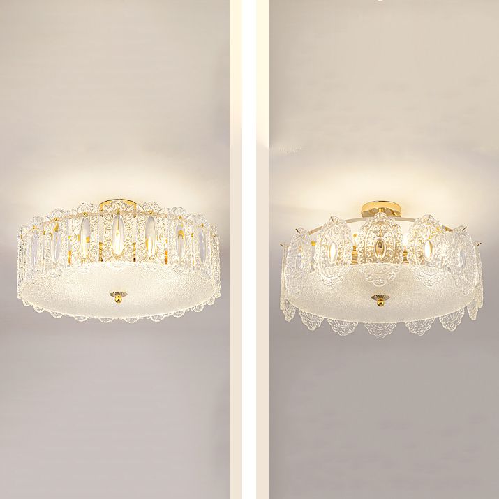 Trommel slaapkamer semi-flush lamp traditionele multi-head gouden plafondverlichting met glazen schaduw