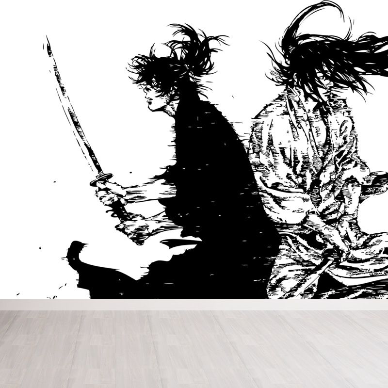 Japanese Martial Samurai Mural Wallpaper Black Stain Resistant Wall Covering for Boys Bedroom