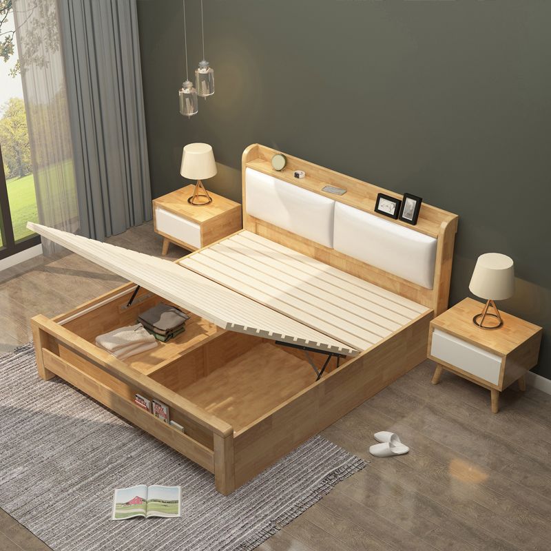 Nordic Bed with Open Storage Solid Wood Bed with Upholstered Headboard