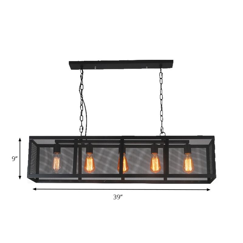 Rectangle Dining Room Island Pendant Light with Mesh Shade Industrial Iron 5 Heads Black Finish Hanging Lamp