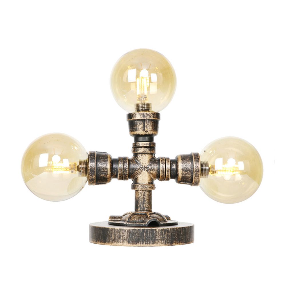 Lampada da scrivania industriale con paralume rotondo Illuminazione da lavoro in vetro trasparente/ambrato a 2/3 lampadine in argento antico/bronzo con base