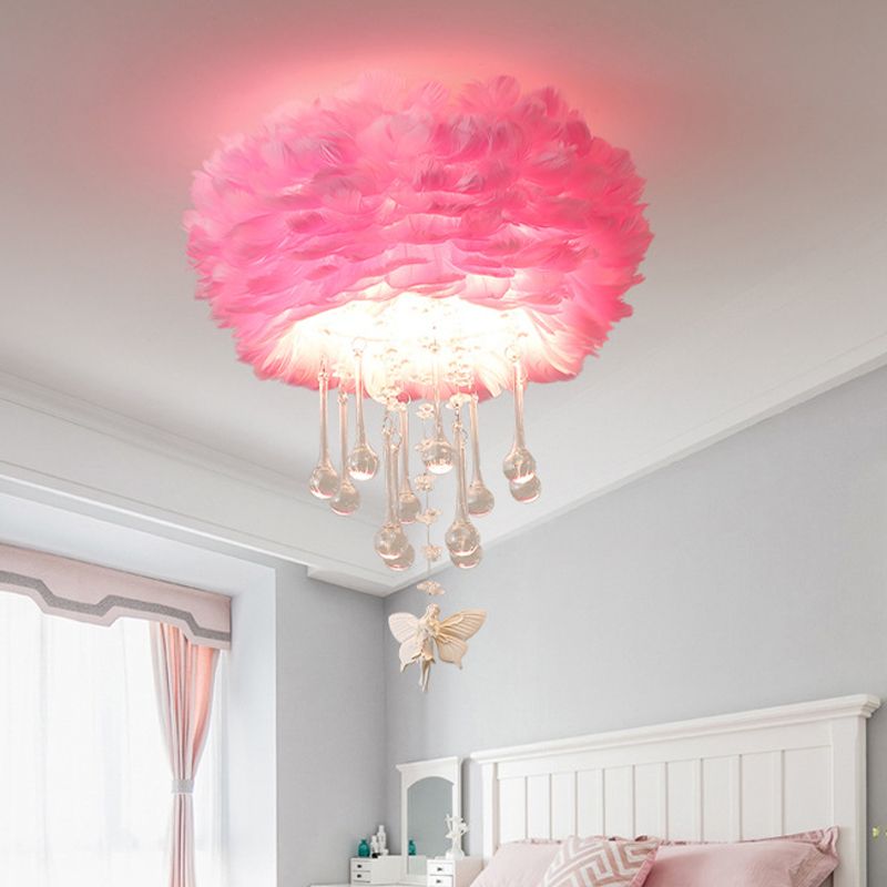 Nordic Cloud Flush Light White/Pink/Black Feather 2/3/4 Lights Bedroom Ceiling Lamp with Crystal Drop, 16"/19.5"/23.5" W
